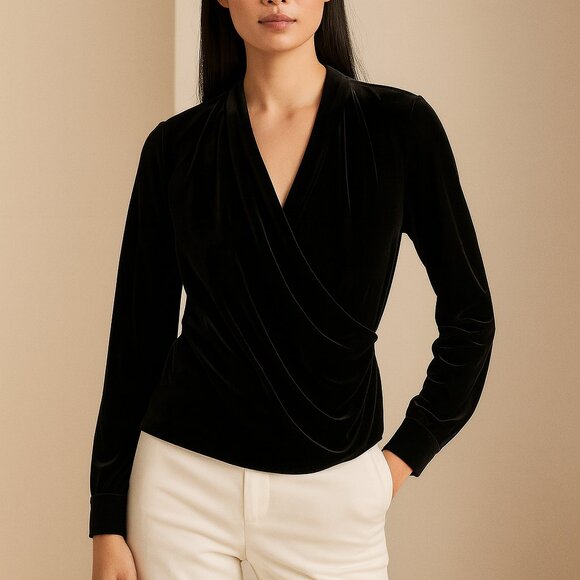 Lauren Ralph Lauren Tops - Lauren Ralph Lauren Black Velvet Surplice Pleated Blouse NWT Size 10 Holiday